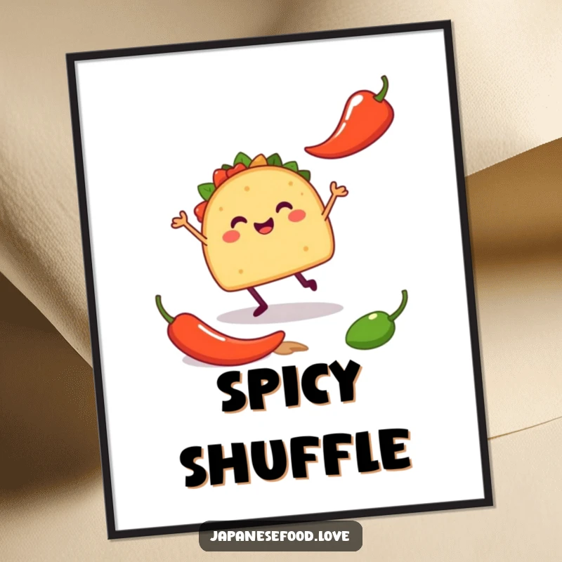 Funny digital art print of a happy taco with tiny legs doing a silly jig near a chili pepper, adding festive decor.