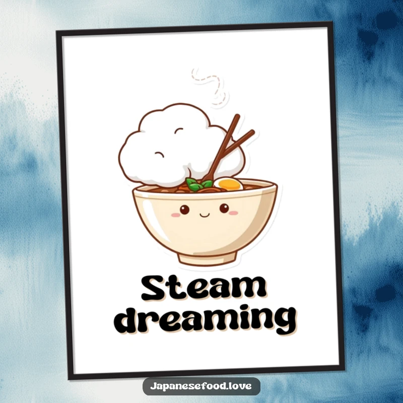 Funny digital art print of a shy ramen bowl curiously peeking from behind a steaming cloud, conveying bashfulness.