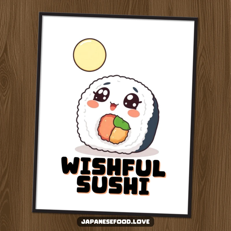 Funny Digital Art Print of a sushi roll with wide eyes looking at the moon, offering immediate decorative whimsy and humor.