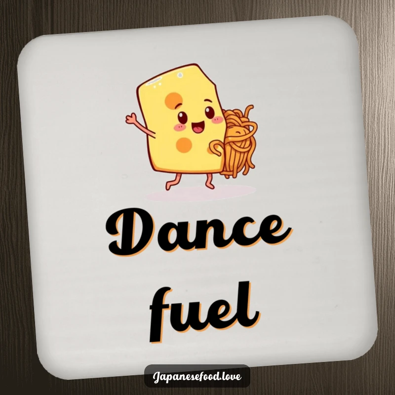 Funny cheese slice with legs dancing with a noodle buddy on a protective drink coaster for home or office.