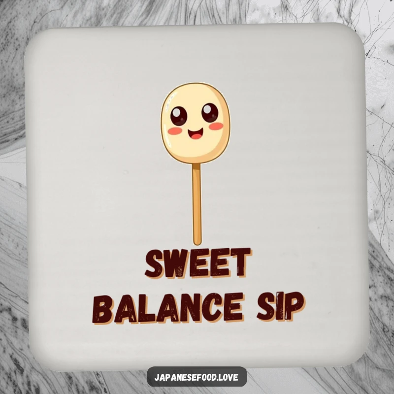 Funny Dango Balance Coaster: A happy dango skewer with exaggerated eyes humorously balancing on a chopstick.