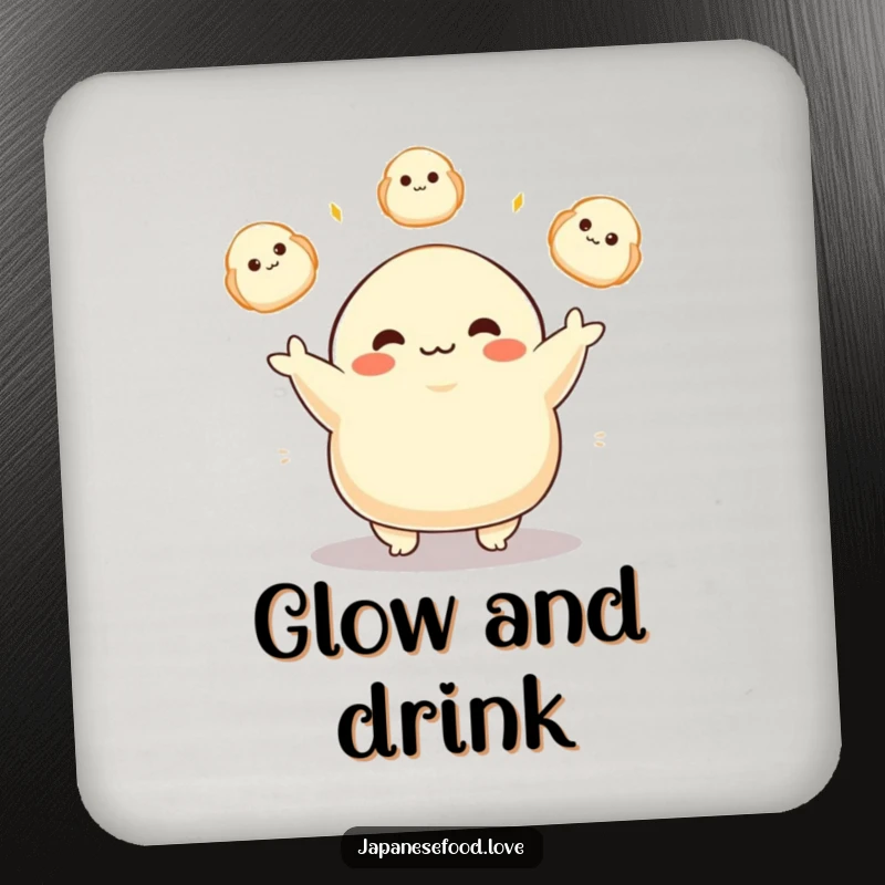 Funny drink coaster showcasing a plump dumpling character happily juggling glowing dumplings, adding a delightful and humorous touch to any surface.