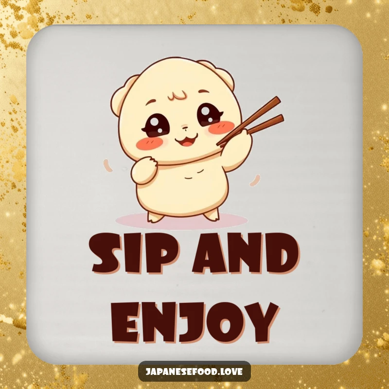 Funny drink coaster featuring a cute dumpling comically juggling chopsticks, perfect for protecting surfaces with humor.