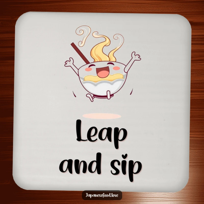 Funny, excited ramen bowl performing a joyful leap on a protective drink coaster for home or office.