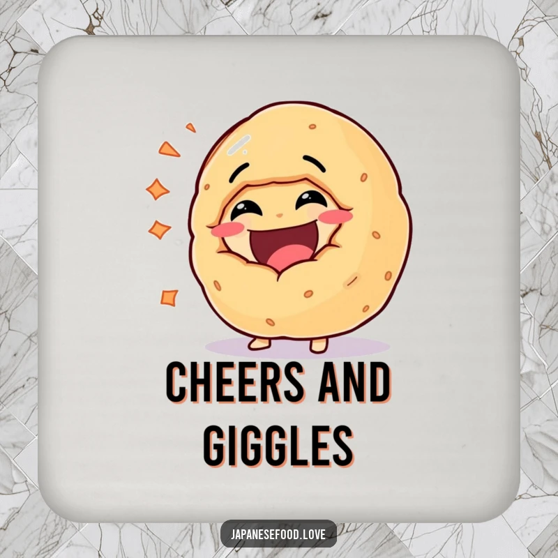 Funny drink coaster set featuring a giant fortune cookie character bursting with hearty, infectious laughter, bringing amusement to your table.