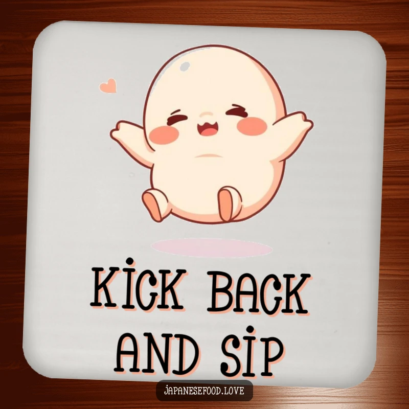 Funny giggling dumpling coasters, showing a cute character with tiny legs kicking, protecting surfaces with humor, a charming and funny gift.