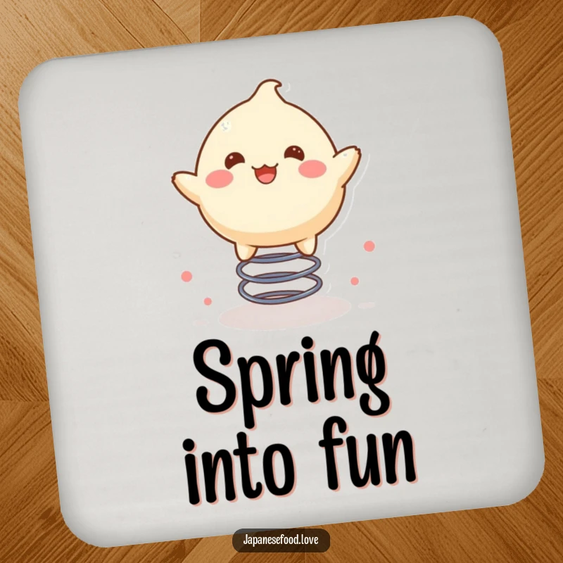 Funny drink coaster with a delighted mochi character joyfully bouncing on a spring, adding sweet fun to tabletops.