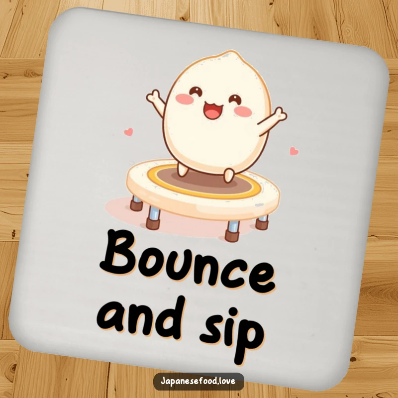 Funny Mochi Trampoline Coasters: A smiling mochi bounces happily on a trampoline made of mochi.