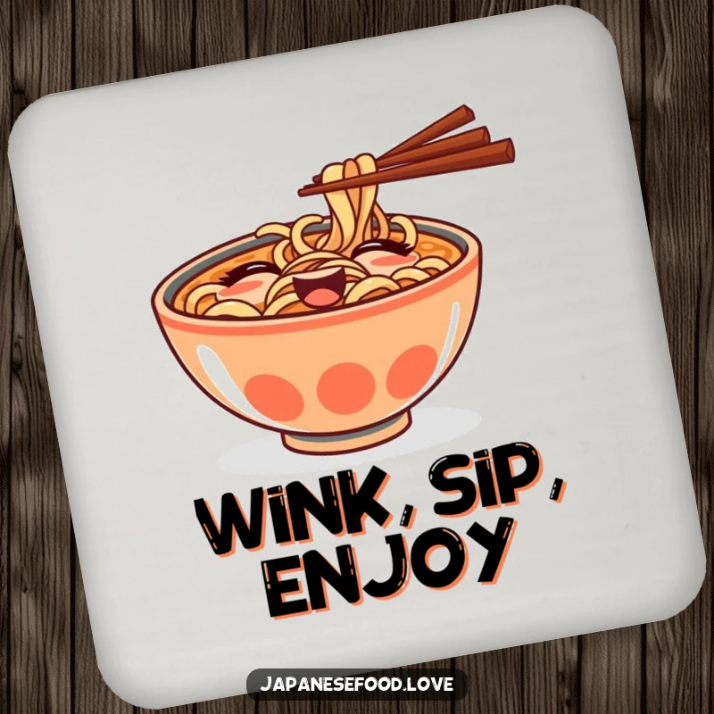 Funny drink coaster with a goofy ramen bowl and chopsticks winking playfully, adding a savory touch to tabletops.
