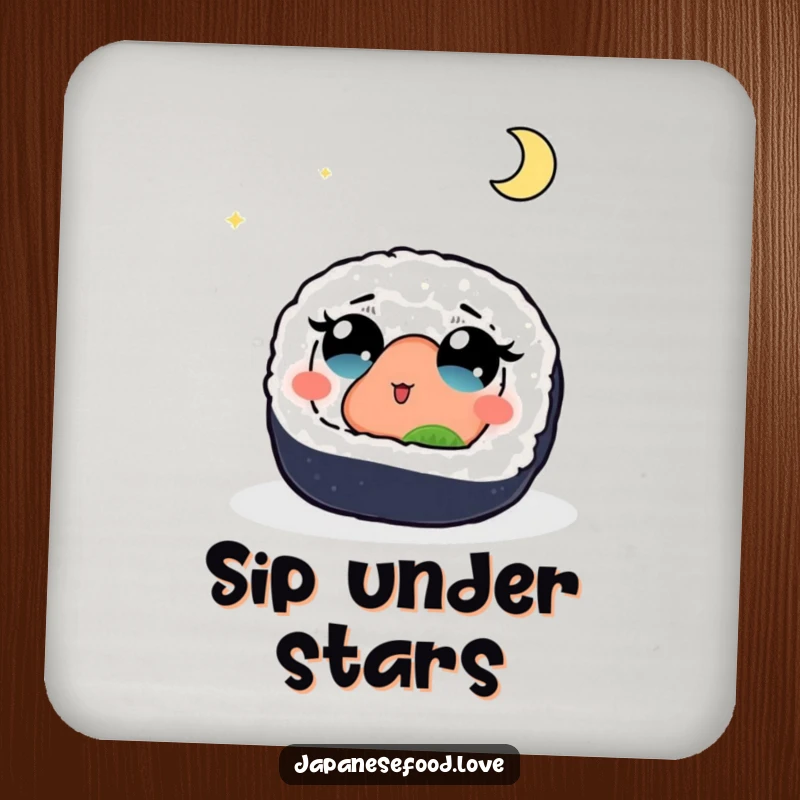 Funny drink coaster set featuring a sushi roll with wide, mesmerized eyes looking up at a luminous moon, adding whimsical wonder to your table.