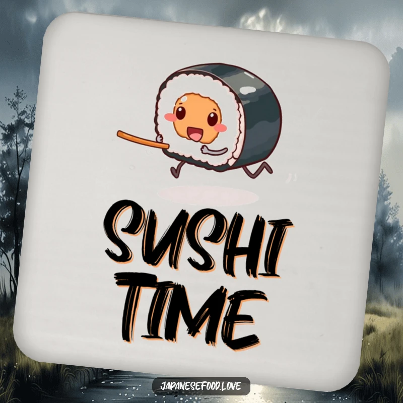 Funny drink coaster depicting a sushi piece with tiny legs racing towards a chopstick, offering humorous protection for surfaces.