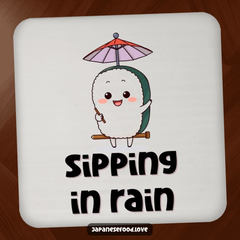 Funny Sushi Umbrella Coaster: A grinning sushi character humorously holding an umbrella, adding charm and protection to tabletops.
