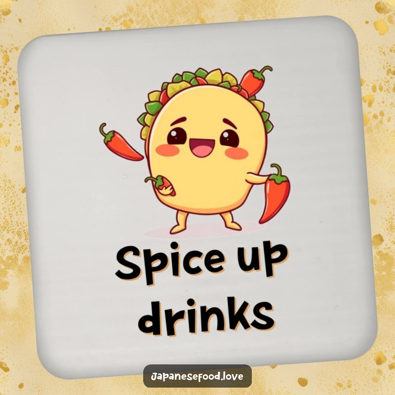 Funny drink coaster with a grinning taco awkwardly juggling three chili peppers, adding a quirky touch to drink areas.