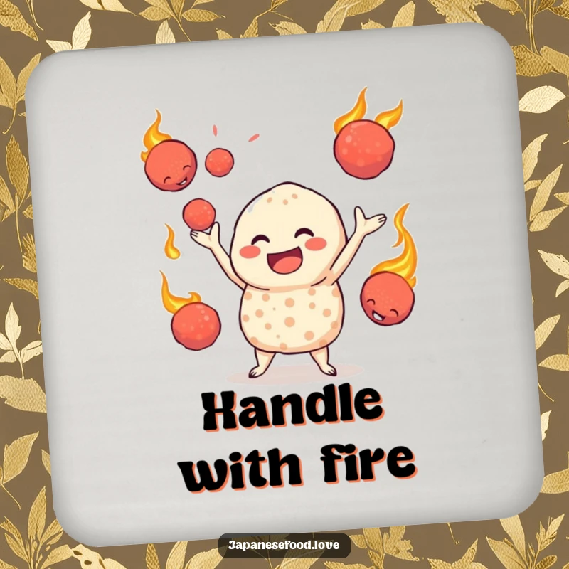 Funny coaster set with a jovial takoyaki character juggling flaming octopus balls, adding a vibrant and protective touch to tables.