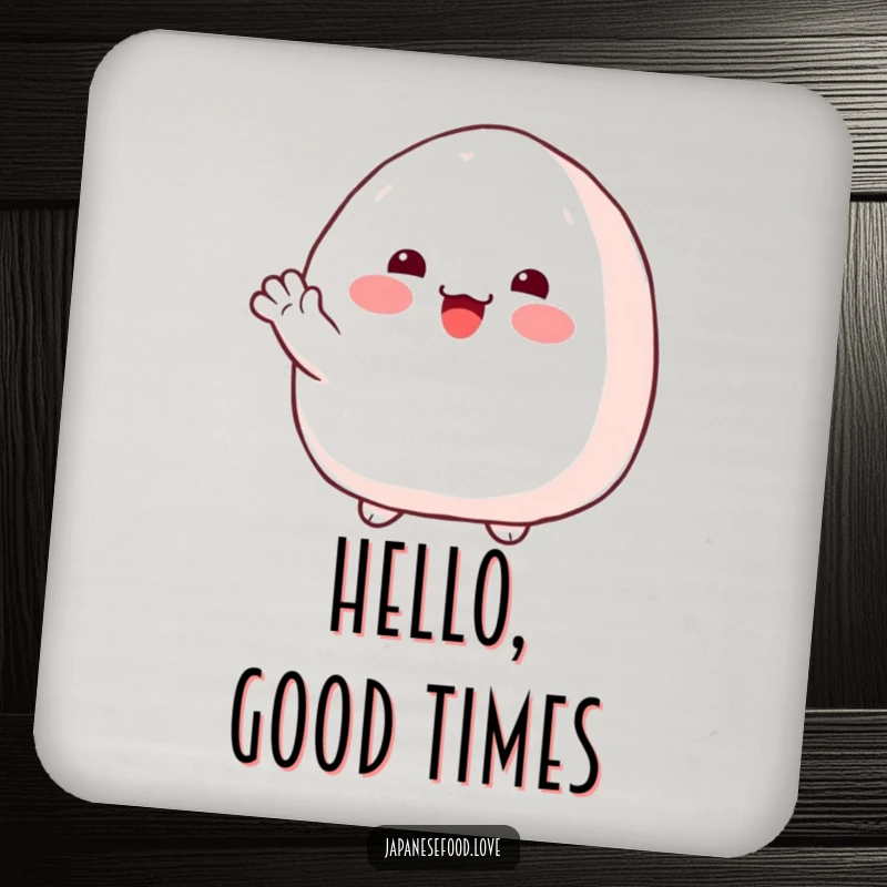 Funny onigiri coasters showing a plump rice ball with rosy cheeks, offering a friendly wave.