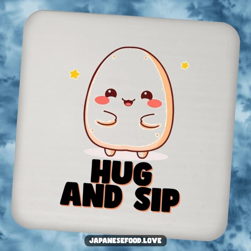 Funny Drink Coaster featuring a cheerful onigiri character offering a warm embrace, perfect for adding a comforting and humorous touch.