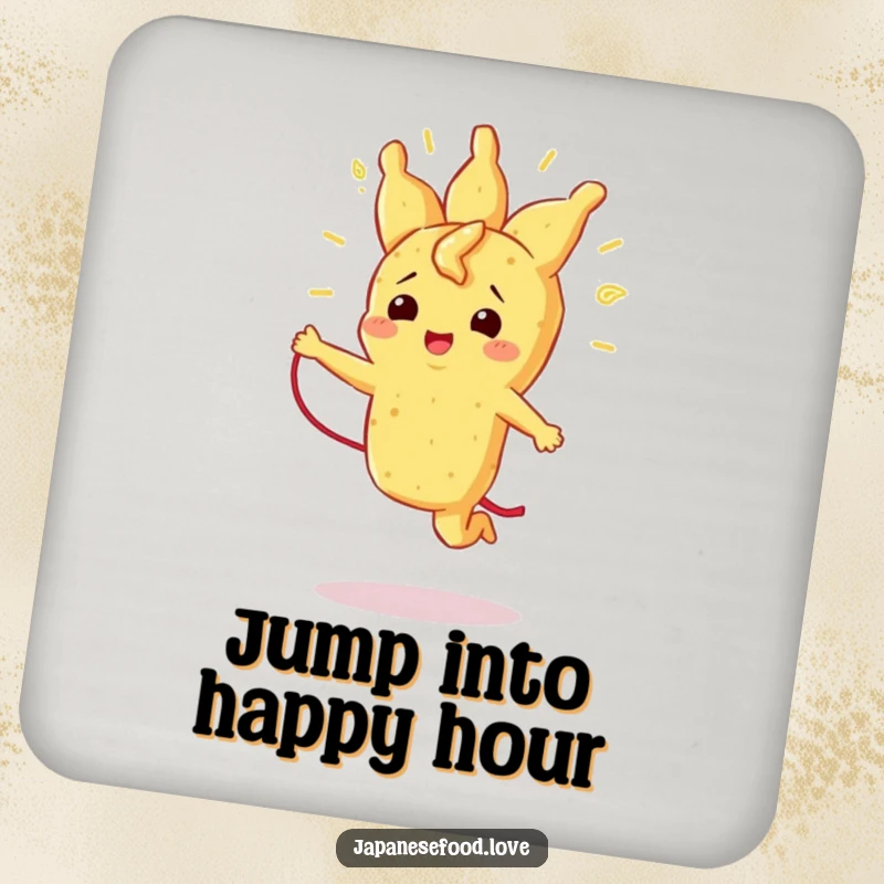 Funny drink coaster showing a radiant tempura piece energetically jumping rope with its strand, protecting surfaces with humor.