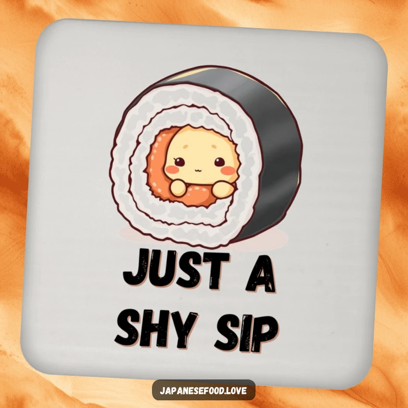 Funny coaster with a shy tempura piece hiding behind a sushi roll, protecting surfaces with humor.