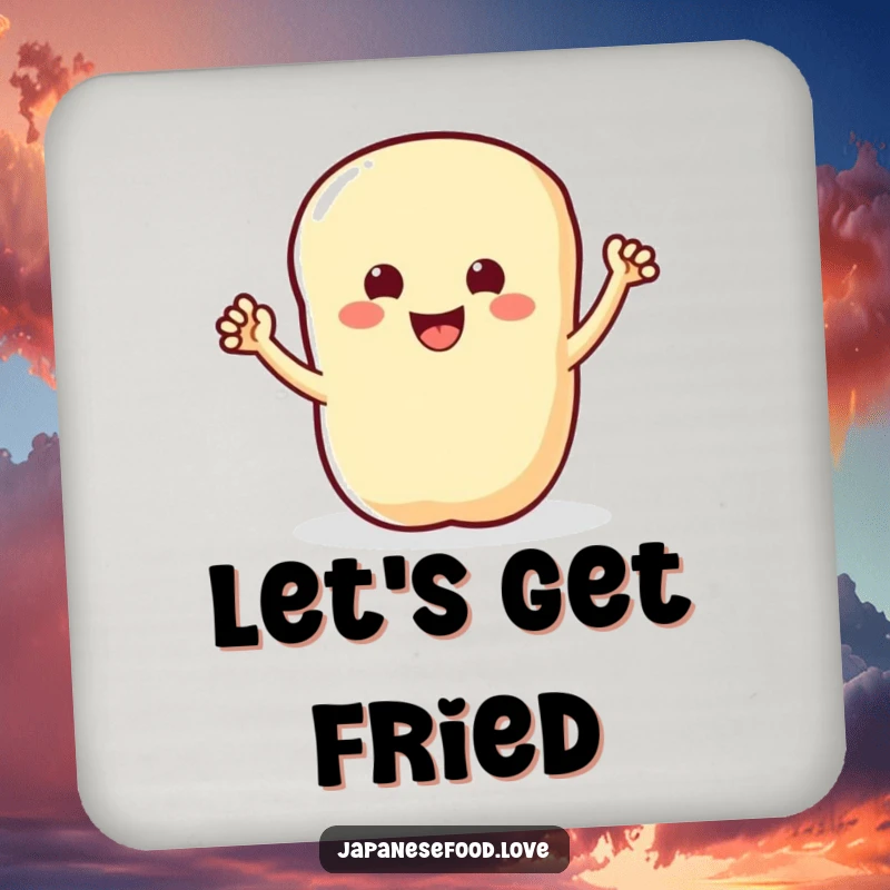 Funny drink coaster featuring a happy tempura piece with tiny arms waving enthusiastically, adding cheer to surfaces.