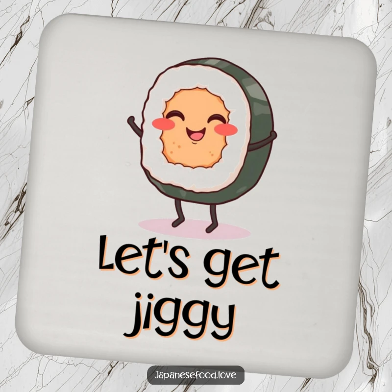 Funny drink coaster depicting a sushi roll with tiny legs dancing a jig, bringing Japanese food fun to your tabletop.