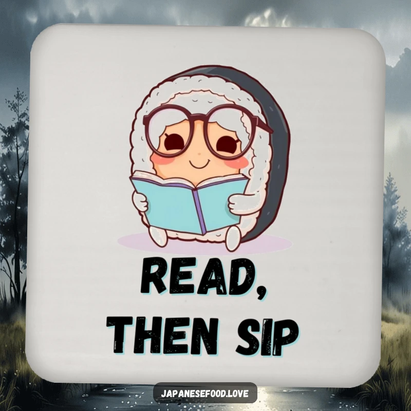 Funny Sushi Coaster: Smiling sushi roll with spectacles on a coaster, protecting furniture with humorous intellect.