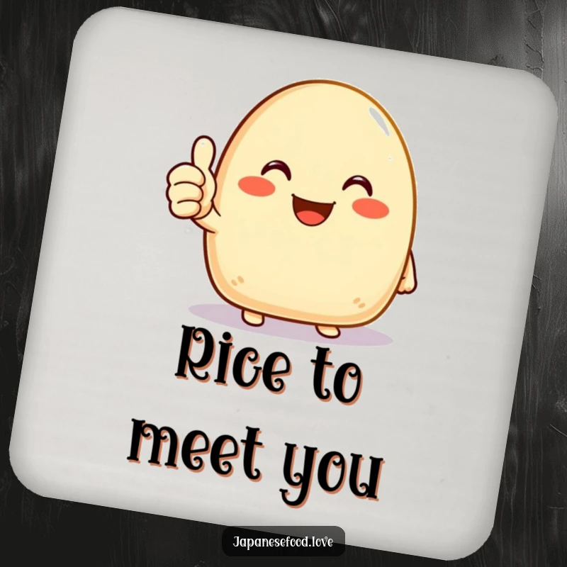 Funny set of 4 onigiri coasters featuring a joyous rice ball character giving a cheerful thumbs up, protecting surfaces with positivity.