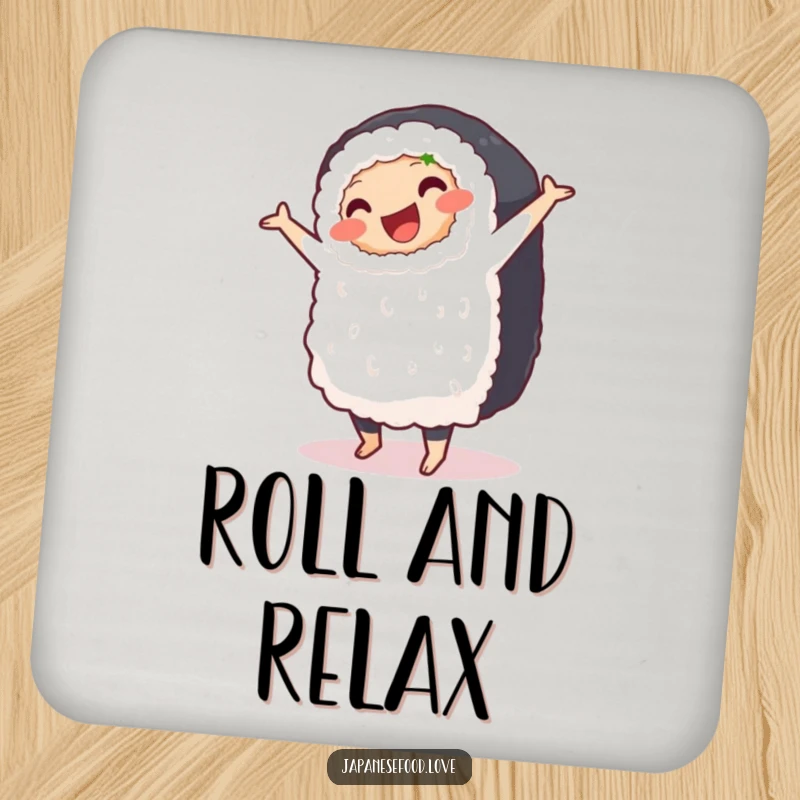 Funny drink coaster with a plump, smiling sushi roll doing a clumsy pirouette, offering surface protection with humor.