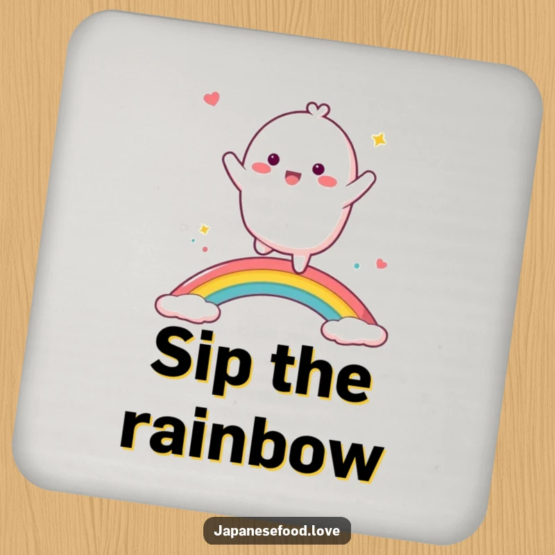 Funny mochi character dancing on a vivid rainbow, a humorous and protective drink coaster.