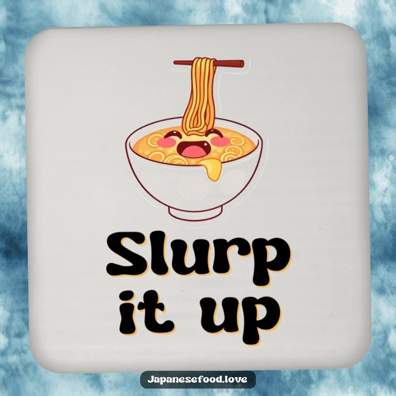Funny drink coaster featuring a joyful ramen bowl with a smiley face doing a happy bounce, adding cheer to surfaces.