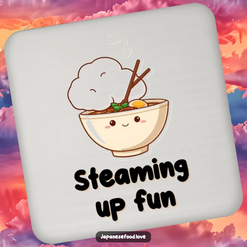 Funny drink coaster showing a shy ramen bowl character peeking from behind a steaming cloud, protecting surfaces with humor.