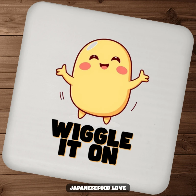 Funny drink coaster featuring a smiling tamagoyaki character doing a wiggly dance, a humorous and protective table accessory.