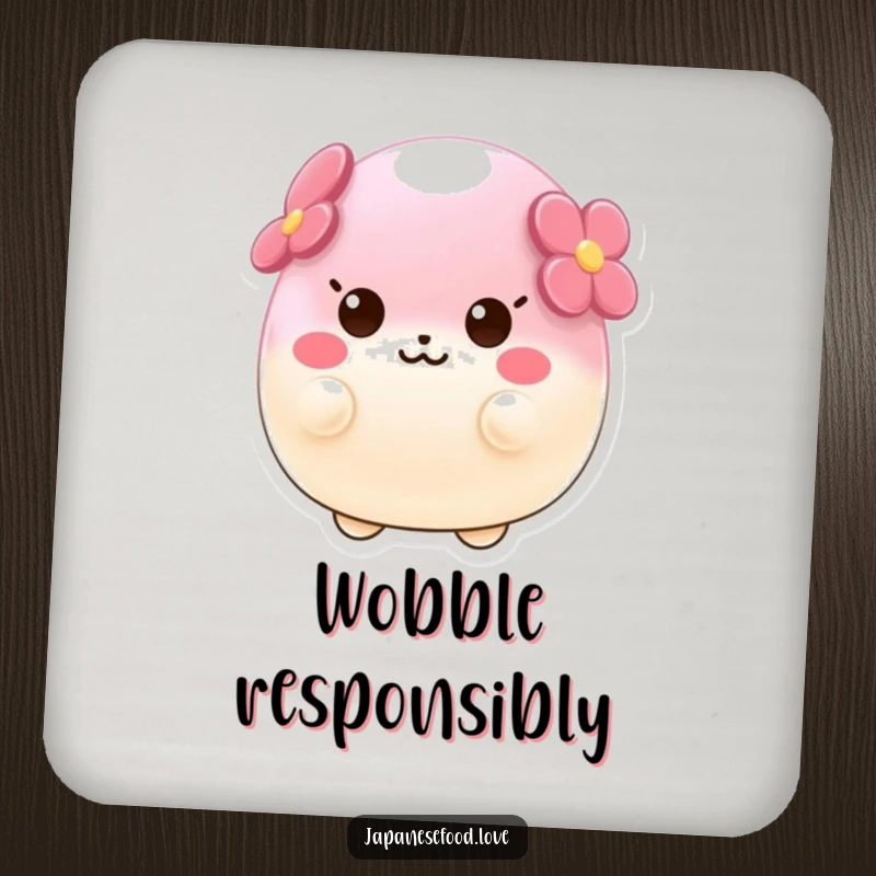 Funny coaster set with wobbly sakura mochi characters wobbling with delight, protecting tables with charming flair.