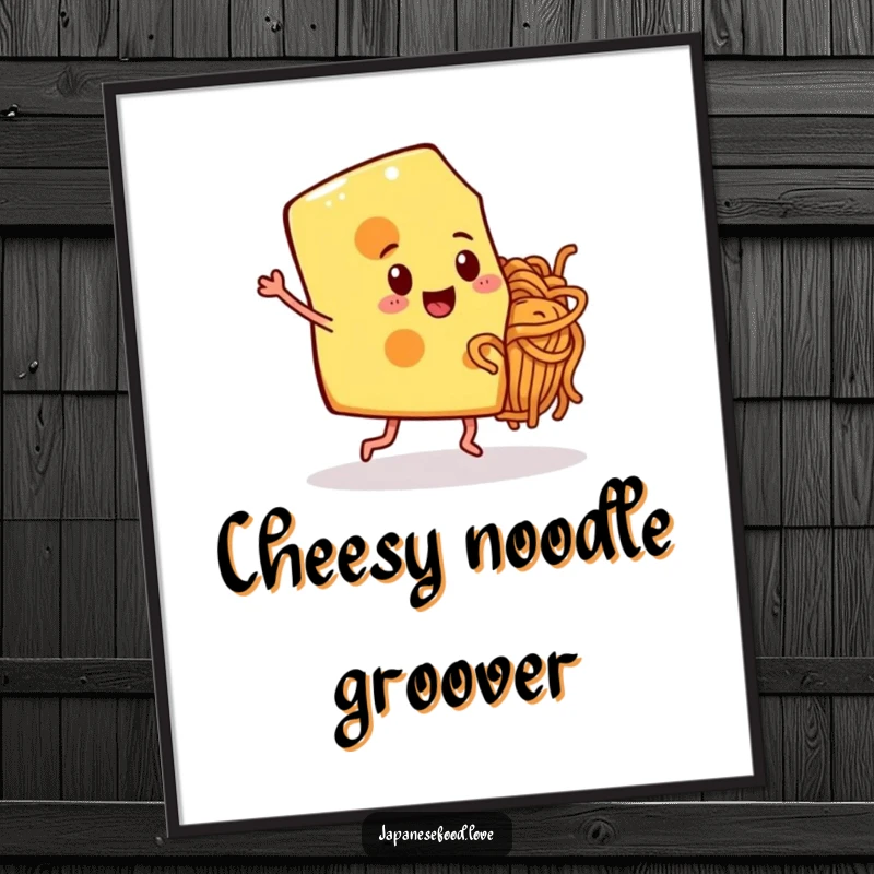 Funny illustration of a dancing cheese slice with legs and a noodle pal, bringing fun to wall art posters.