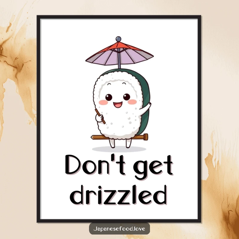 Funny Sushi Umbrella Poster: A grinning sushi character comically balances a small umbrella, adding a touch of whimsy to wall art.
