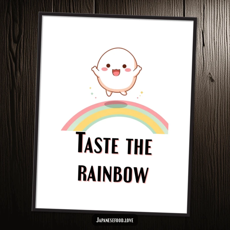 Funny poster featuring a happy mochi character energetically dancing and bouncing high on a vibrant, magical rainbow.