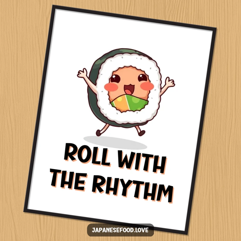Funny Dancing Sushi Roll Poster: Sushi roll with tiny legs dancing a jig, vibrant food art, humorous print, funny gift.