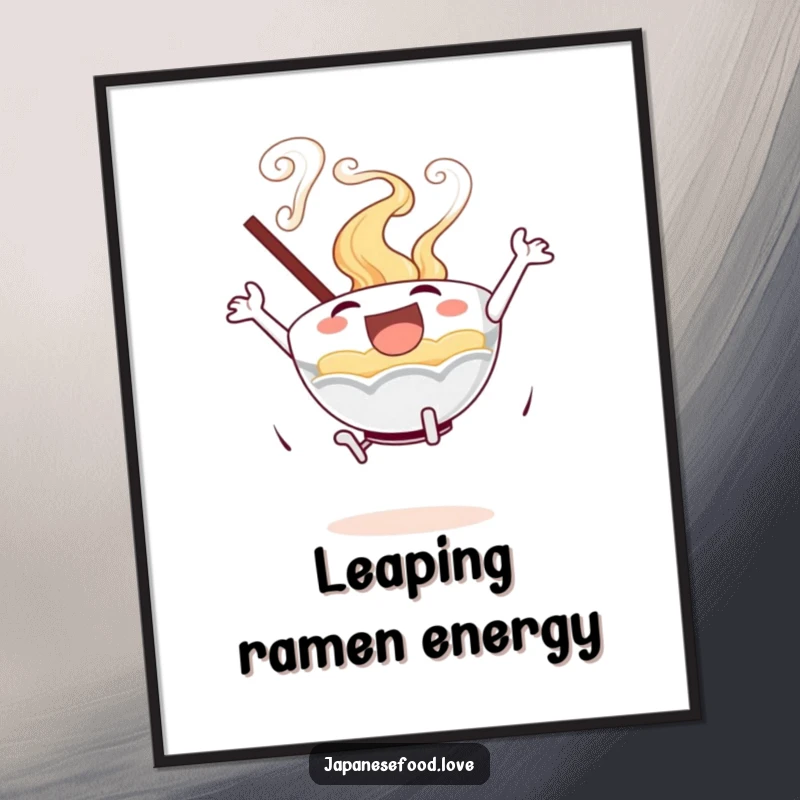 Vibrant poster featuring an excited ramen bowl with swirling steam performing a joyful leap, perfect for wall decor.