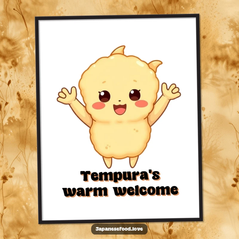 Funny poster print of a happy tempura piece with little arms waving enthusiastically, a humorous food character illustration, perfect for wall art and as a funny gift.