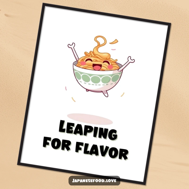 Funny Jumping Ramen Bowl Poster: Smiling ramen bowl leaping joyfully into the air, vibrant food art, humorous print, funny gift.