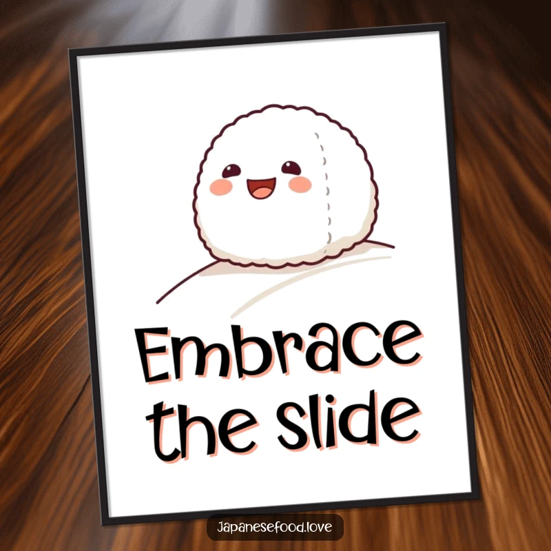 Funny poster of a grinning onigiri rice ball character sliding down a gentle slope, bringing a smile.
