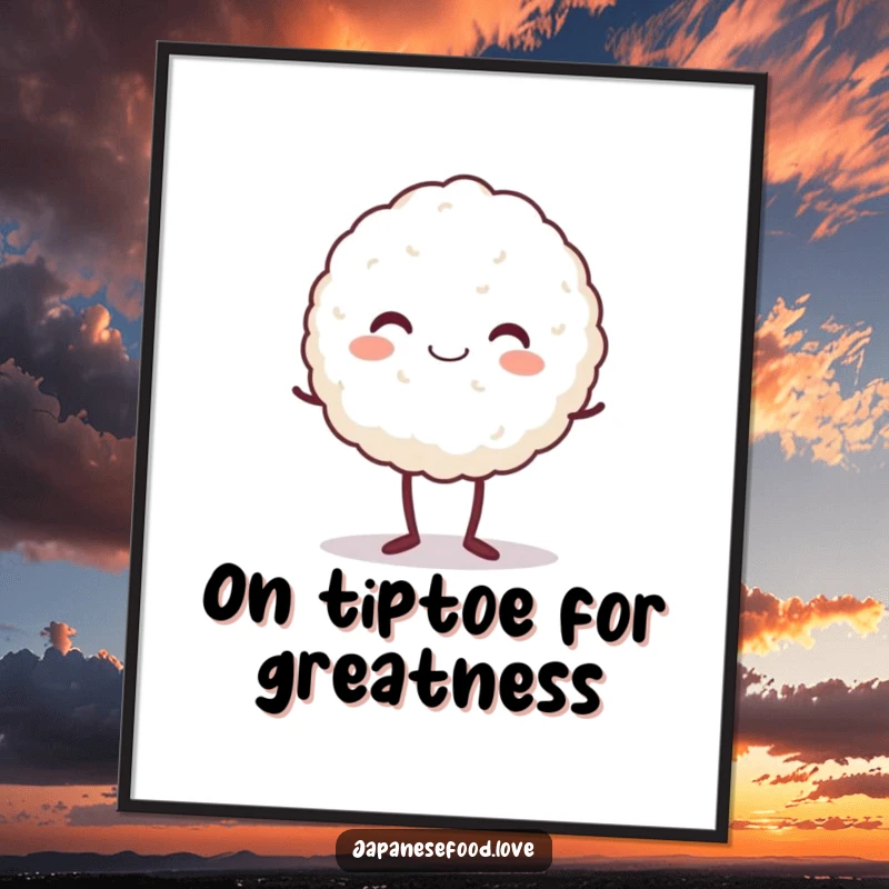 Funny poster art of a beaming rice ball character standing on tiptoe, radiating happiness and cheerful energy for wall decor.