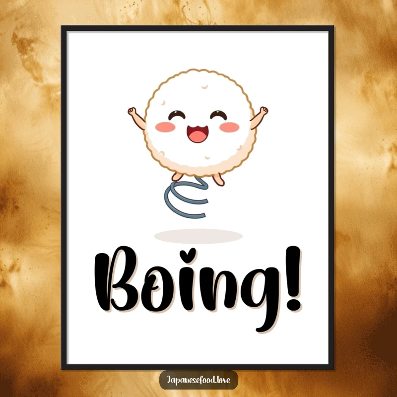 Funny poster illustrating a happy rice ball character in mid-air, bouncing on a spring with immense joy and enthusiasm.