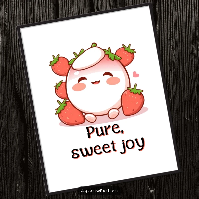 Funny Poster print of a cute strawberry mochi character with rosy cheeks, joyfully giggling, adding a touch of sweetness to decor.