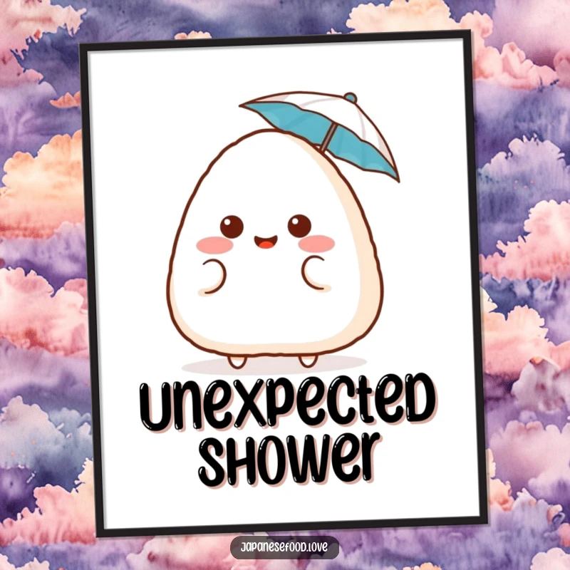 Funny surprised onigiri poster, featuring a blushing rice ball with a tiny umbrella, radiating cute surprise and humor for wall decor, a funny gift.