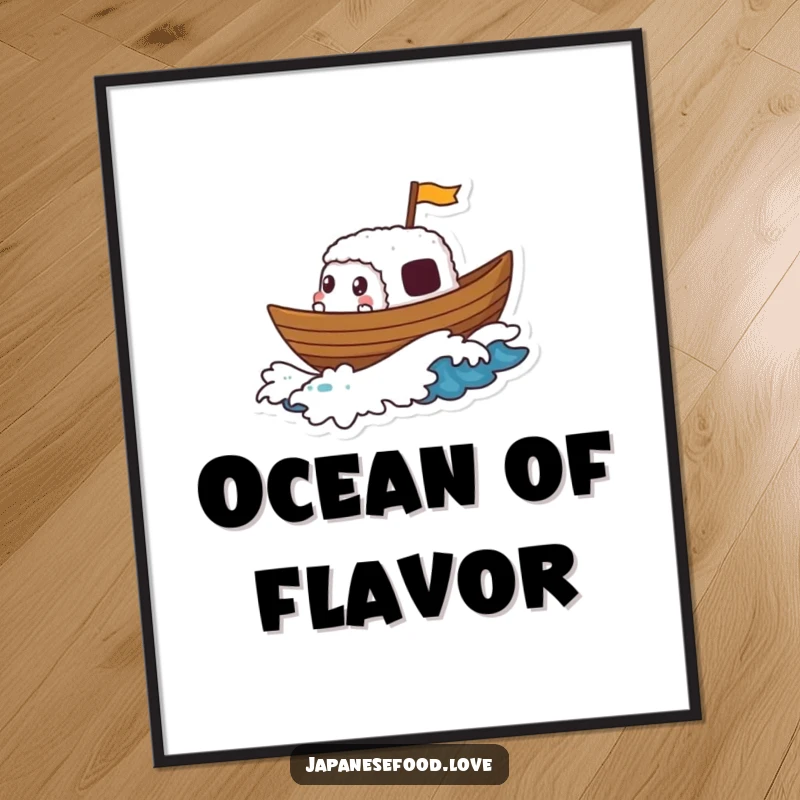 Funny poster art of a sushi boat character gleefully sailing on a small, foamy wave, creating a charming maritime scene.