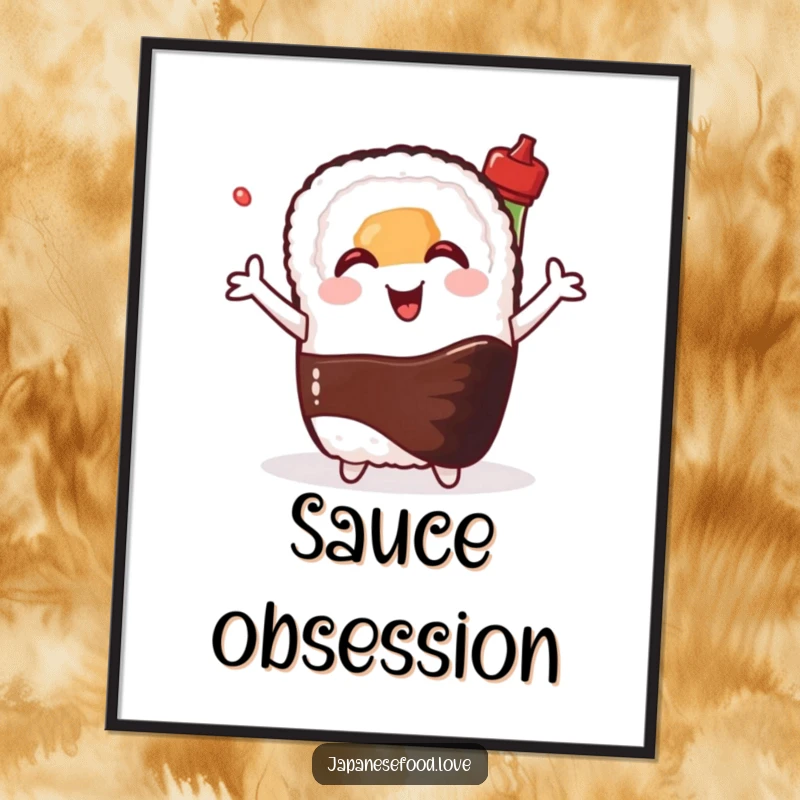 Funny poster of a happy sushi roll with outstretched arms hugging a smiling soy sauce bottle, representing friendship and culinary delight.