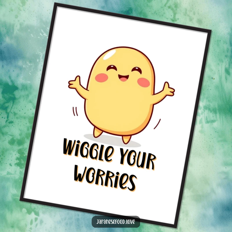 Funny poster of a smiling tamagoyaki character attempting a wiggly dance, a humorous and vibrant piece of food art.