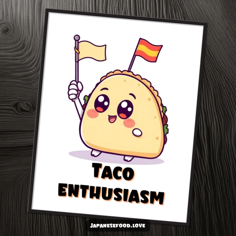 Vibrant poster featuring a taco with big eyes enthusiastically waving a tiny flag, perfect for festive decor.