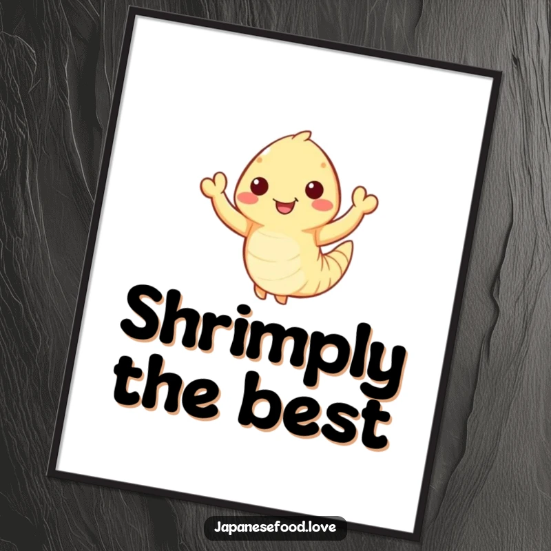 Funny Waving Tempura Shrimp Poster: Happy tempura shrimp with tiny arms waves enthusiastically, lively seafood art, humorous print, funny gift.