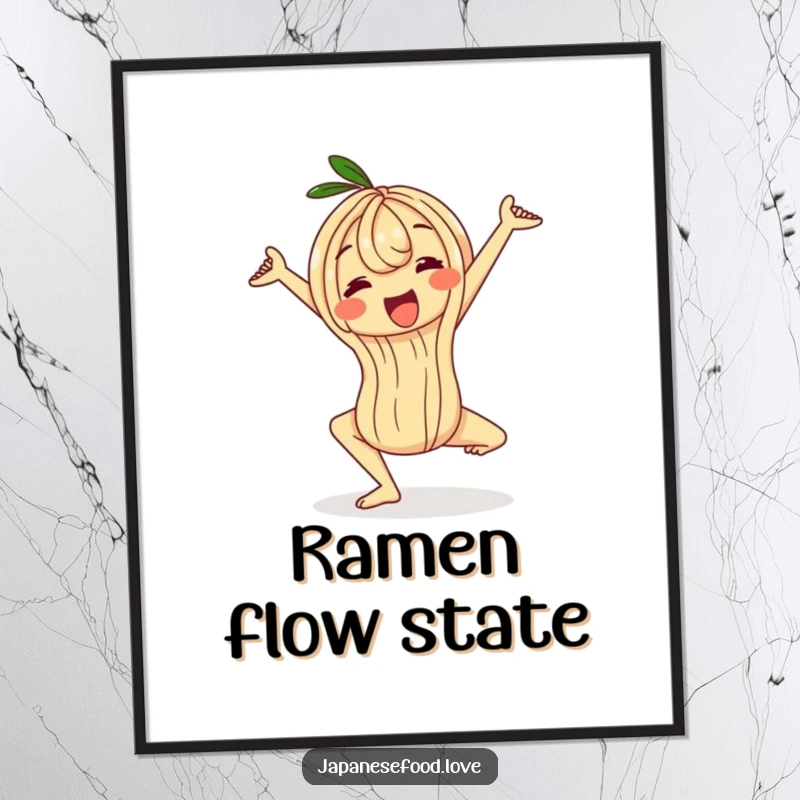 Funny wobbly ramen noodle poster, a character in a flexible yoga pose, humorous and artistic wall decor for wellness spaces.
